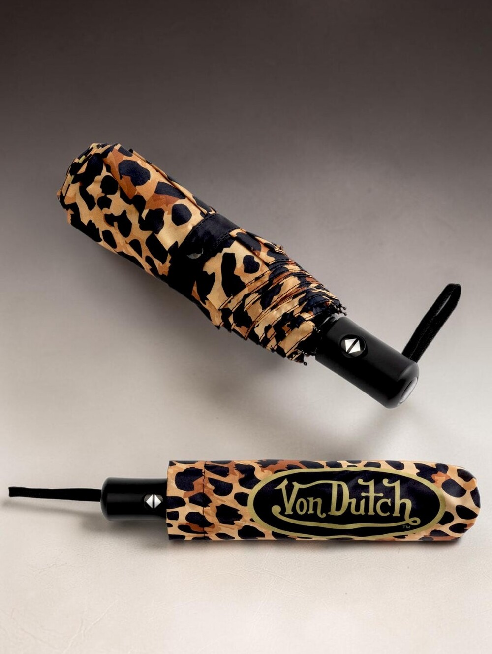 VON DUTCH Automatic Open Close Leopard Print Compact Umbrella - Black Brown - Picture 4 of 7